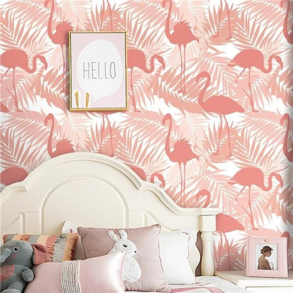 Pink Flamingo Wallpaper Peel and Stick Pink Palm Leaf Wallpaper, 17.5